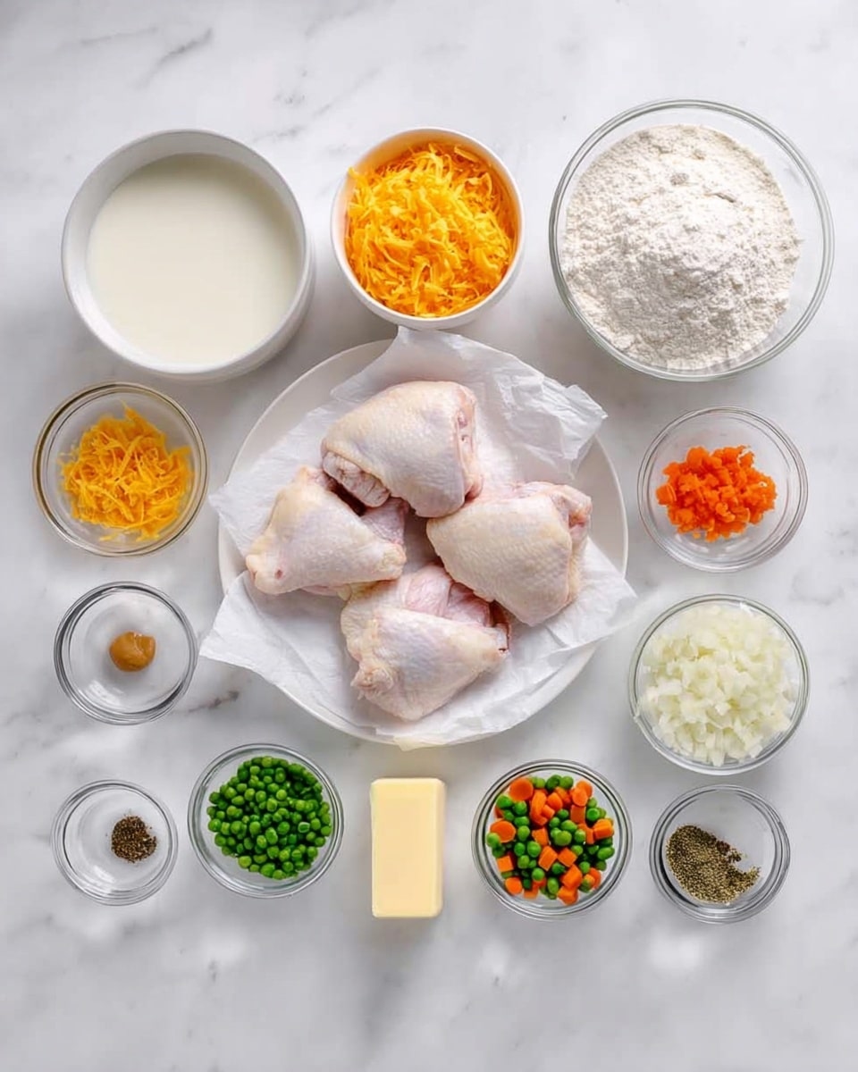 The image shows a white marbled surface with many small white bowls and clear glass bowls arranged neatly. In the center is a white plate with raw chicken thighs on white paper. Around it are white bowls full of chopped onions, shredded orange cheese, sliced mushrooms, and mixed peas and carrots. There are clear glass bowls with white flour, chicken broth, milk, and various spices including salt, pepper, garlic, and green herbs, along with a stick of butter at the bottom. Everything is clean and bright, laid out for cooking. photo taken with an iphone --ar 4:5 --v 7