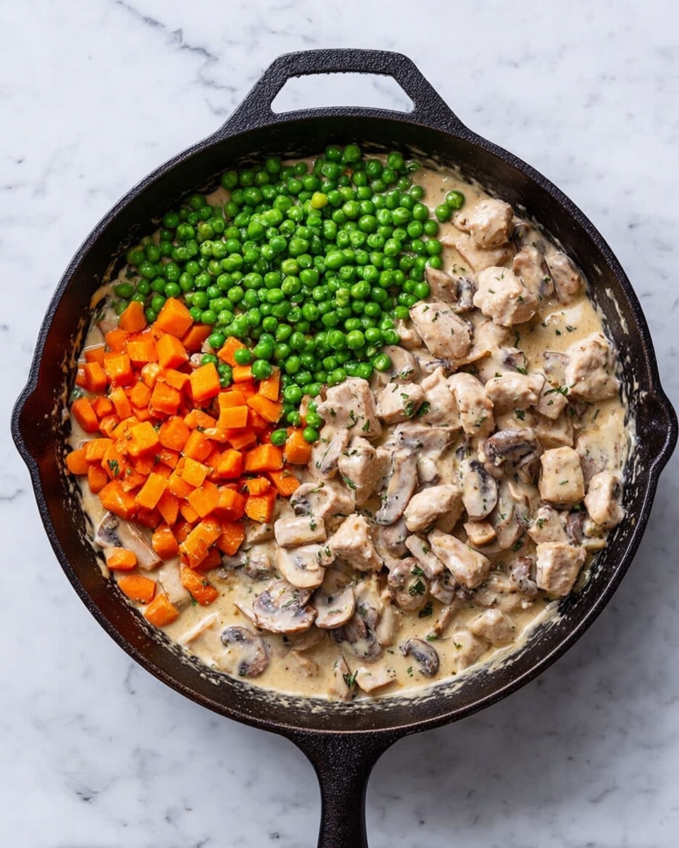 A black cast iron skillet filled with three main layers of food: a creamy light beige sauce with visible sliced mushrooms spread out across the bottom and right side, small cooked pieces of light brown meat clustered in the upper right area, and bright, vibrant green peas mixed with small orange carrot cubes piled in the lower left part of the skillet. The skillet rests on a white marbled surface. photo taken with an iphone --ar 4:5 --v 7