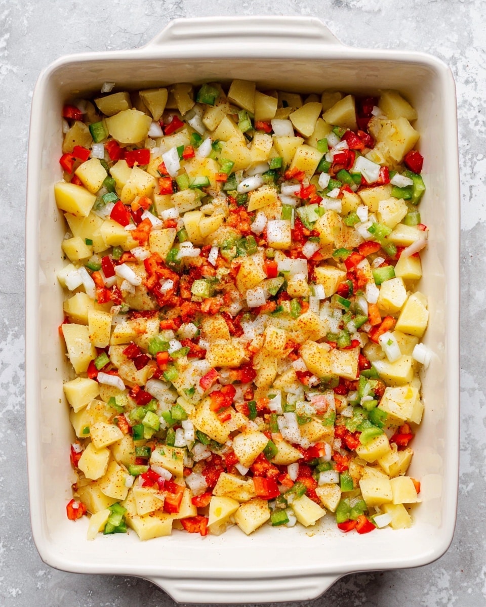 A white rectangular baking dish filled with a colorful mix of chopped vegetables and potatoes. The base layer consists of small yellow potato chunks scattered evenly across the dish. Mixed throughout are finely diced white onions, bright red bell peppers, and green bell peppers, creating a vibrant contrast. The vegetables are spread out in a loose, even layer, with a light sprinkling of seasoning visible on top. The dish rests on a white marbled surface. photo taken with an iphone --ar 4:5 --v 7