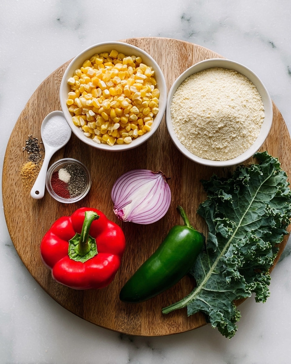 The image shows a wooden round board on a white marbled surface with several ingredients arranged neatly. On the top right, there are two white bowls side by side, one filled with light yellow corn kernels and the other with off-white cornmeal. To the left of the bowls, a small white dish holds a mix of spices including salt, black pepper, and garlic powder, next to a white teaspoon containing salt. Below the bowls and dishes are fresh vegetables: a bright red bell pepper in the center, a halved red onion with visible rings on the right, a whole green jalapeño pepper below the onion, and fresh green leafy kale to the left. The colors are vivid, with the fresh vegetables showing natural texture, and the photo taken with an iphone --ar 4:5 --v 7