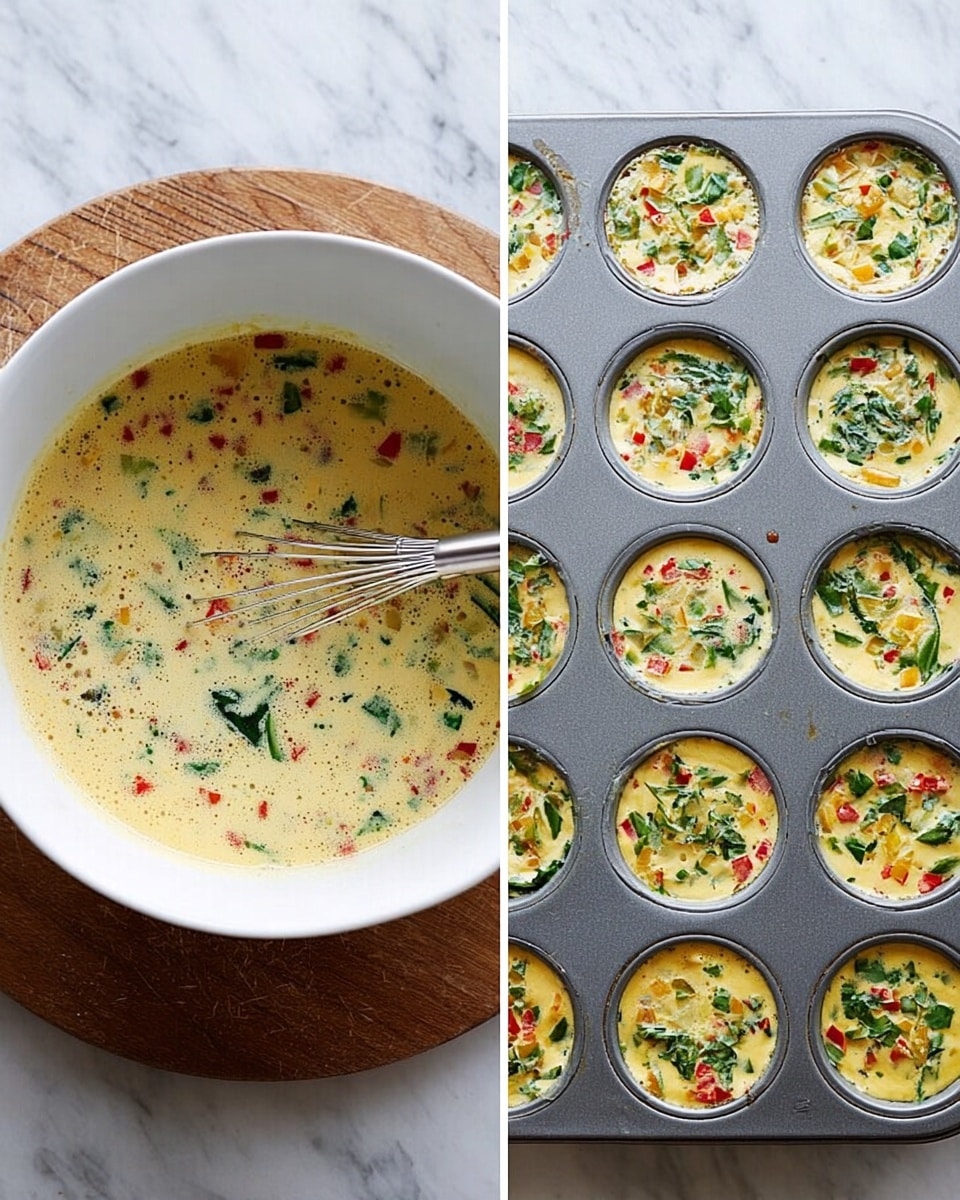 The image shows two scenes side by side on a white marbled surface. On the left, there is a white bowl filled with a light yellow, slightly foamy mixture that contains small pieces of red, green, and yellow ingredients, along with leafy green bits. A metal whisk is resting in the bowl, partially covered by the mixture. The bowl is placed on a round wooden board. On the right side, the same mixture is poured into a gray metal muffin tray with twelve round cups. Each cup is filled evenly with the mixture, topped with bits of chopped green herbs and bits of red and yellow visible inside the liquid. The overall look is fresh and colorful. photo taken with an iphone --ar 4:5 --v 7