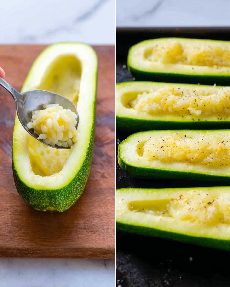 The image shows two close-up views side by side on a white marbled background. On the left, there is a sliced zucchini hollowed out in the middle with light yellow rice being spooned inside by a woman's hand holding a small silver spoon. The zucchini peel is bright green with a smooth texture, and the wooden surface underneath contrasts with the fresh vegetable. On the right side, four stuffed zucchini halves lie next to each other on a black baking tray. The zucchini filling looks soft and light yellow with melted cheese on top, sprinkled lightly with black pepper, and the zucchini skin remains a fresh green color. photo taken with an iphone --ar 4:5 --v 7