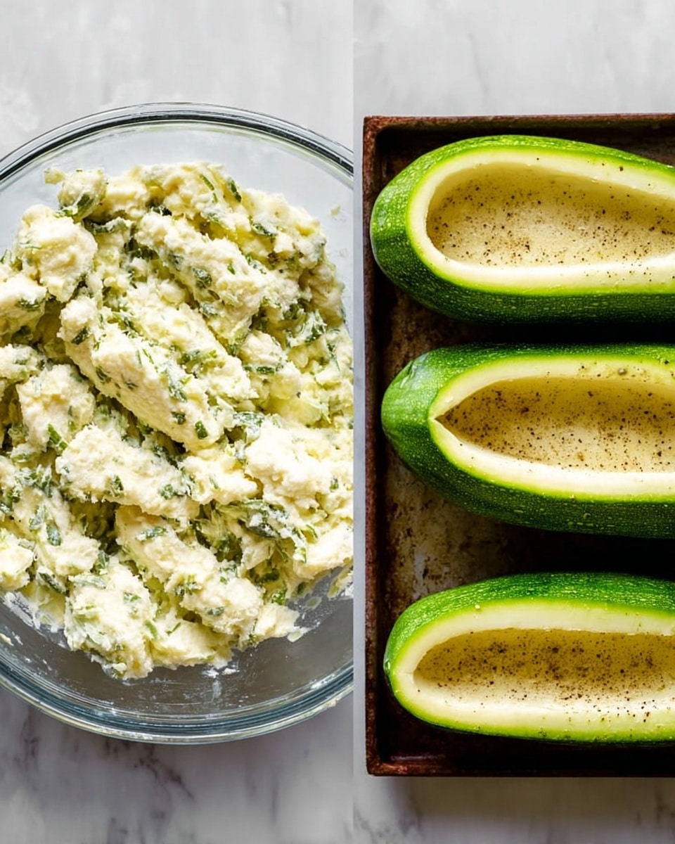 The image is split into two parts: on the left, a close top view of a glass bowl filled with a creamy, chunky mixture made of white cheese and small green herbs, showing the rough texture of the mixture; on the right, four green zucchini halves arranged in a row inside a white tray on a white marbled surface, each zucchini hollowed out, lightly seasoned with salt and pepper, and ready to be filled. Photo taken with an iphone --ar 4:5 --v 7