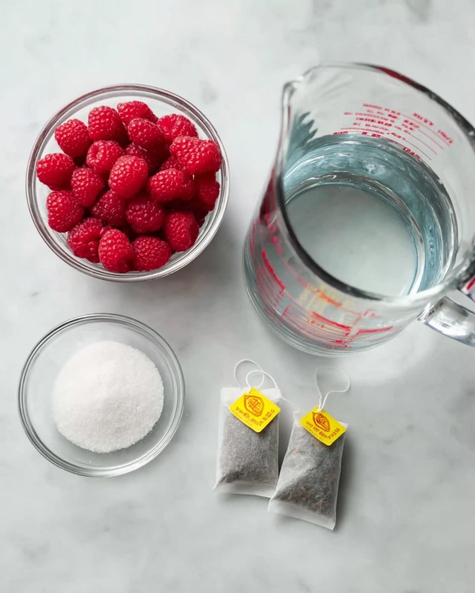 The image shows a top view of four items placed on a white marbled surface. On the top left is a small clear glass bowl filled with bright red raspberries, showing their detailed bumpy texture. Below it, near the bottom left, is another small clear glass bowl containing fine white granulated sugar. On the right side of the image, there is a clear glass measuring cup filled with clear water, showing the markings on the side in red. Below the measuring cup are two tea bags, each with a small yellow tag attached. The overall arrangement is simple and neat, with a clean and fresh look. photo taken with an iphone --ar 4:5 --v 7