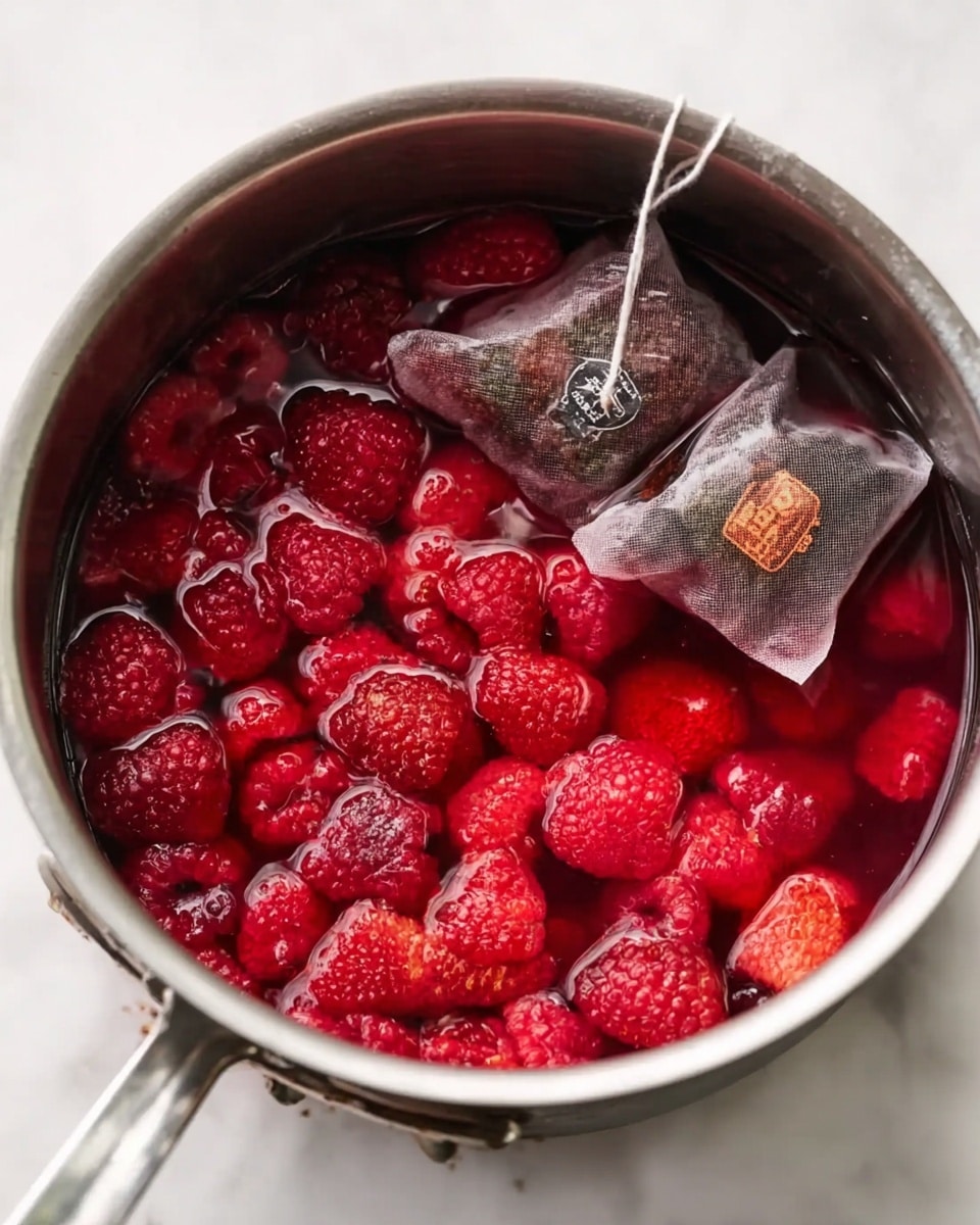 A close-up view of a metal pot filled with bright red raspberries soaking in red liquid. Two tea bags with dark labels and strings rest on the top right side inside the pot, partially submerged in the liquid. The raspberries are mixed and layered closely together, showing a soft, juicy texture. The pot is placed on a white marbled surface. photo taken with an iphone --ar 4:5 --v 7
