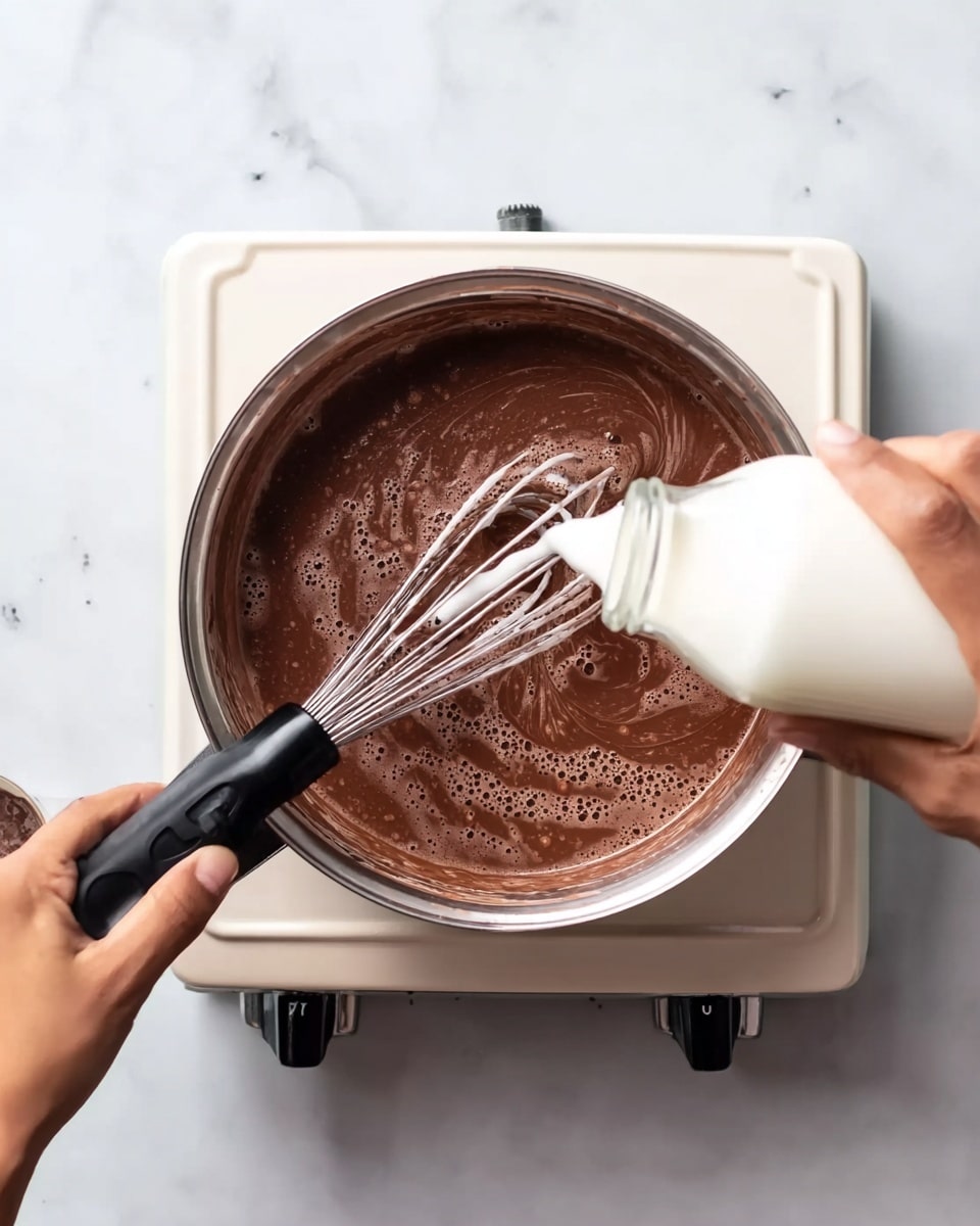 A close-up top view of a cooking pot on a white stove with a white marbled surface around it. Inside the pot is a dark brown chocolate mixture with a somewhat thick texture and small bubbles on top. A woman's right hand is holding a black whisk, stirring the chocolate mixture, while the woman's left hand is pouring white milk from a transparent glass bottle into the pot. The scene shows motion with the milk swirling into the chocolate mix. photo taken with an iphone --ar 4:5 --v 7