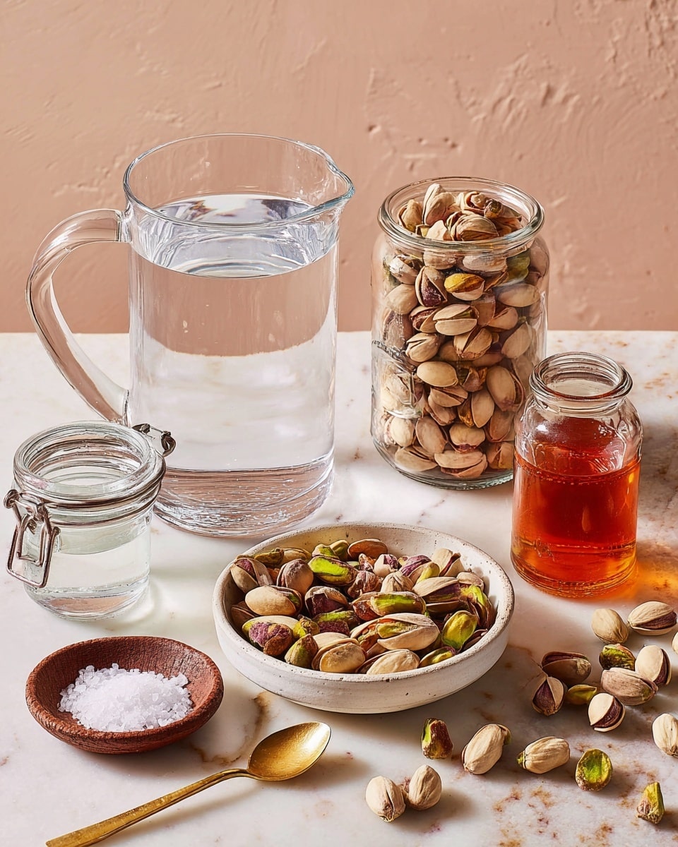 A clear glass pitcher filled with water stands in the back left on a white marbled surface, next to a tall glass jar full of shelled pistachios on the right. In front, a shallow white bowl holds a mix of whole pistachios, some with shells open showing green nuts inside. To the left of this bowl is a small brown dish with coarse salt and a gold spoon lying inside it. Below, a small clear jar with a metal clasp also contains water. Scattered pistachio shells and nuts lie on the white marbled surface around the dishes. A small clear glass bottle filled with amber liquid stands to the right near the jar of pistachios. The background is a soft light peach color. photo taken with an iphone --ar 4:5 --v 7