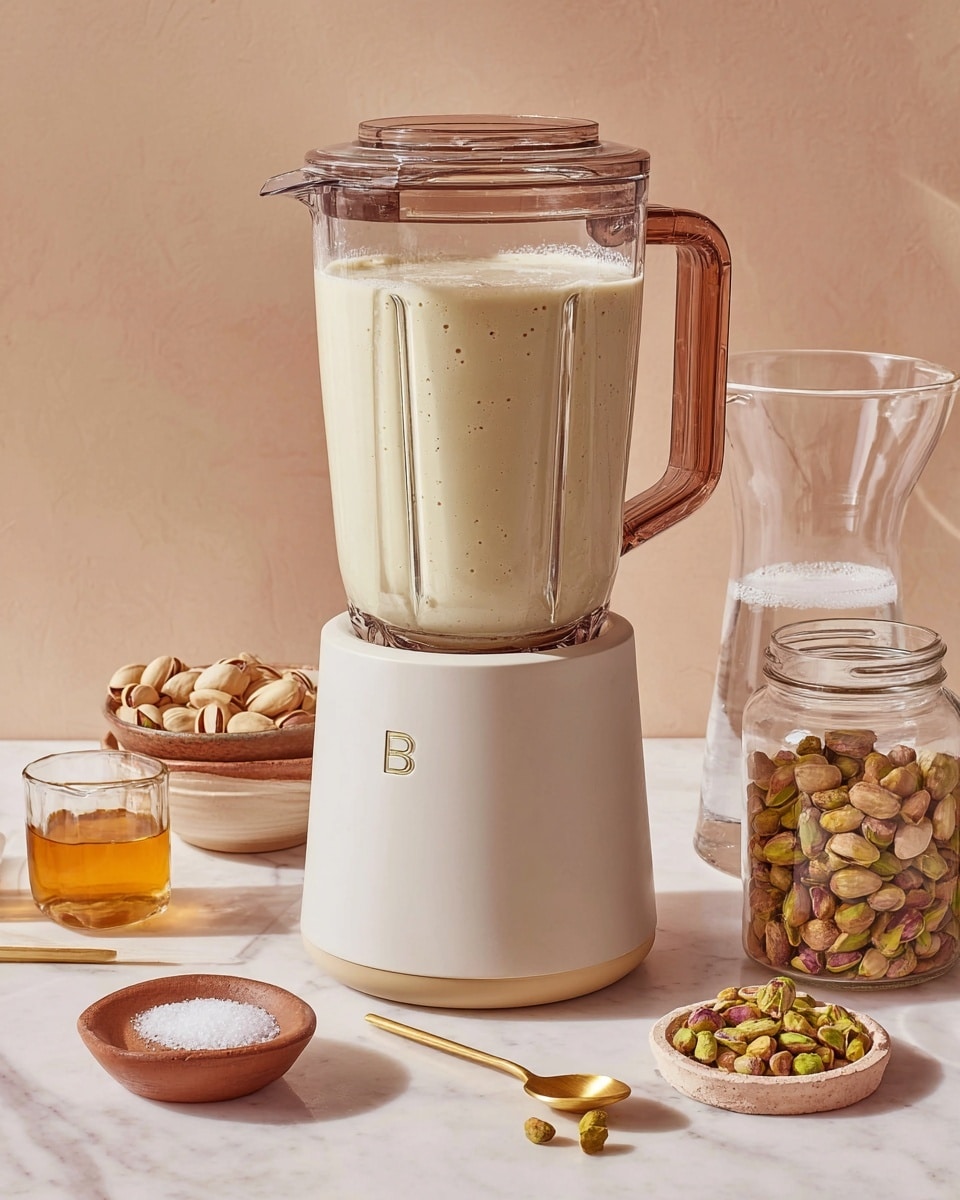 The image shows a white blender filled with a creamy light beige mixture with small bubbles on top. The blender has a clear lid and a transparent handle with a brown tint. Around the blender, there are several small containers: a clear glass jar full of pistachios and a gold spoon inside it on the right side, a clear glass pitcher with water behind the jar, a white bowl with pistachios and some loose nuts to the left, a small brown dish with white salt and a gold spoon in front, and two small glass containers with liquids, one clear and one amber, on the far left. All items are placed on a white marbled surface with a soft light beige background. photo taken with an iphone --ar 4:5 --v 7