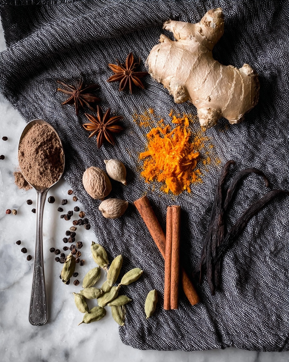 The image shows a close-up of various spices and a piece of ginger root arranged neatly on a dark gray and white striped cloth, placed on a white marbled surface. Starting from the top right, there is a large piece of light brown ginger root with a rough texture. Below it is a grated pile of bright orange zest. To the left, there are star anise pods with their dark brown, star-shaped structure, and small black cloves scattered nearby. A silver spoon on the lower left side holds a brown powder, with two halved nutmegs beside it. Green cardamom pods are grouped near the center, and two brown cinnamon sticks lie parallel near the middle right. Scattered black peppercorns and a long, thin black vanilla bean pod are arranged towards the right side of the cloth. The setup is arranged carefully to highlight the colors and textures of each spice. Photo taken with an iphone --ar 4:5 --v 7