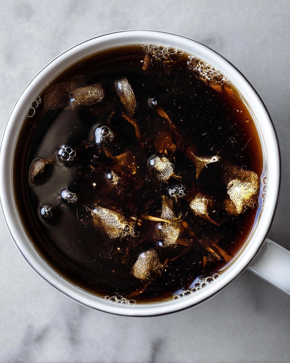 A white cup filled with very dark brown liquid, almost black, with floating light brown dried tea leaves and light golden-brown mesh bundles. The liquid's surface is smooth with shiny reflections and some small bubbles near the edges. The cup is placed on a white marbled surface, and the photo is taken from above showing the round shape and handle of the cup clearly. photo taken with an iphone --ar 4:5 --v 7