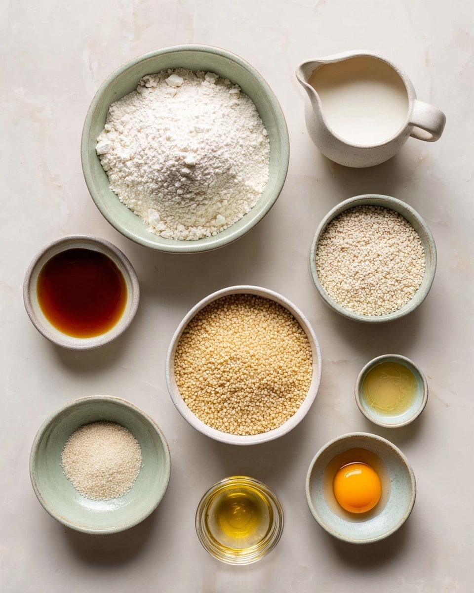 The image shows nine white bowls and small jars arranged neatly on a white marbled surface. In the top left is a large bowl filled with white flour that looks soft and powdery. To the right of it, there is a small pitcher with white milk inside, next to a bowl with dark amber liquid, likely syrup. Below, there is one large bowl in the center filled with small, pale yellow seeds or grains. Around it are smaller vessels: two bowls with white granules or seeds, a clear small jar with yellow oil, and a bowl with a bright yellow egg yolk inside. There is also an empty small bowl on the bottom left. All the containers have a white base with soft green or beige tones. photo taken with an iphone --ar 4:5 --v 7