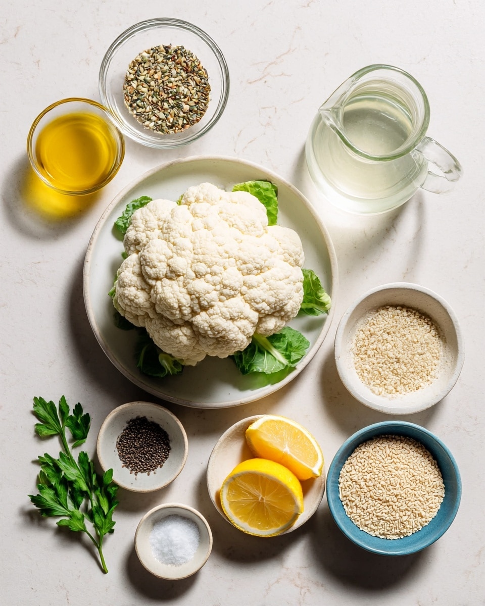 A whole head of white cauliflower sits centered on a white plate with some green leaves beneath it. Surrounding it are small bowls and a glass jug arranged on a white marbled texture: a clear glass bowl with mixed seeds above, a glass jug filled with light liquid to the right, a white bowl filled with small beige grains further right, a small white bowl with two lemon slices at the bottom right, a small blue bowl with salt below center, fresh green parsley sprigs at bottom left, a small white bowl with dark seeds to the left, and a clear glass bowl filled with golden yellow oil at top left. photo taken with an iphone --ar 4:5 --v 7