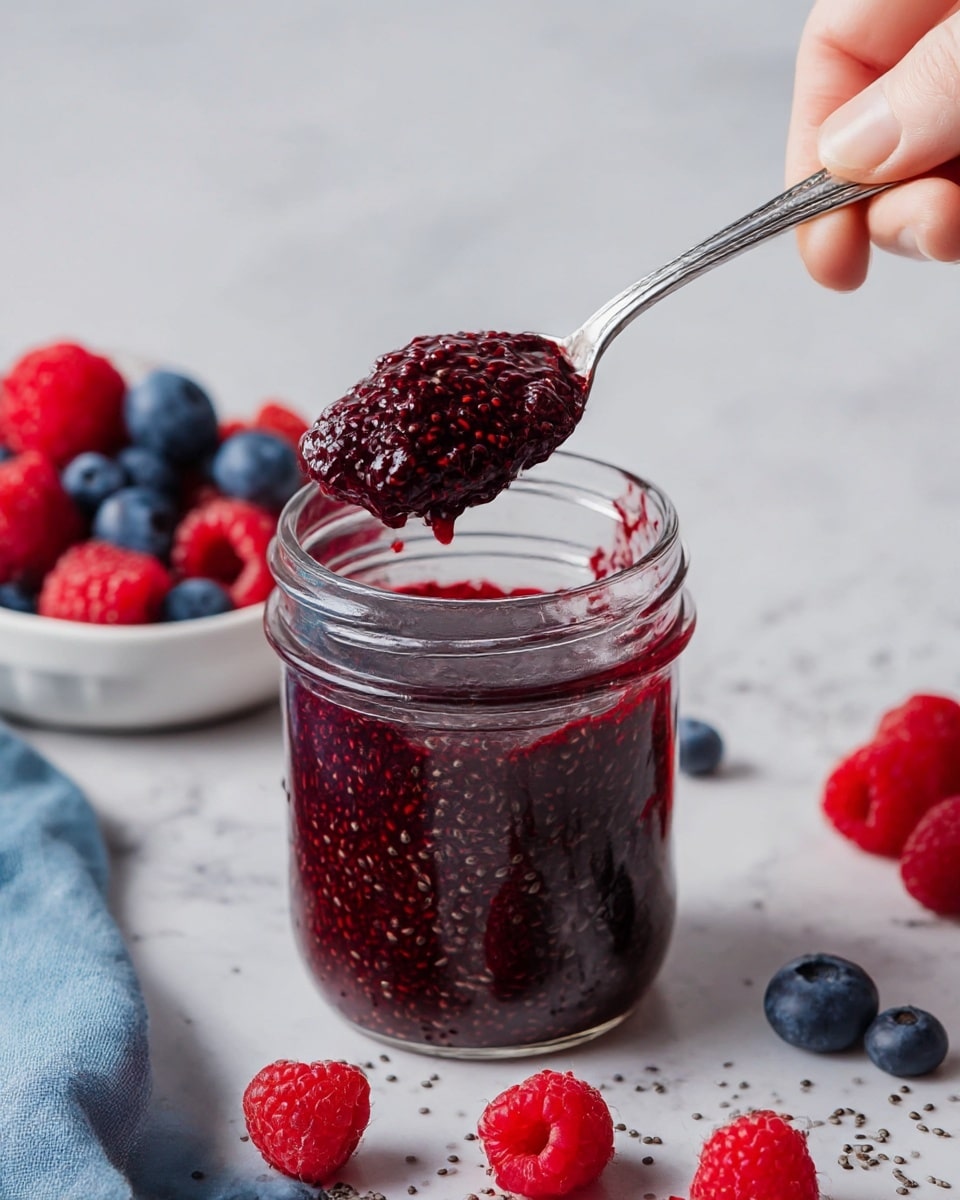 A clear glass jar filled with thick, dark red chia seed jam shows seeds and fruit pulp closely mixed inside, with a silver spoon lifting a chunky spoonful from the jar. Around the jar on a white marbled surface lie fresh red raspberries and blue blueberries scattered with small black chia seeds. In the background, a small white bowl holds a mix of fresh raspberries and blueberries, adding a bright touch. A woman's hand holds the spoon above the jar, and the scene includes hints of a soft blue cloth on the left side. photo taken with an iphone --ar 4:5 --v 7