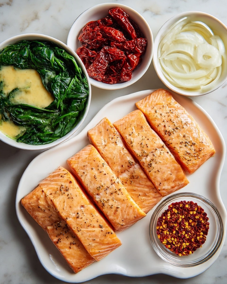 The image shows four pieces of cooked salmon with a light golden-brown surface and black pepper seasoning, arranged in a row on a white, irregularly shaped plate at the bottom center. Above the salmon, there are three white bowls: the left bowl holds bright green cooked spinach leaves with a soft texture, the middle bowl contains deep red sun-dried tomatoes, and the right bowl is filled with thin, white onion slices. On the left side, placed slightly apart, is a white bowl filled with creamy light yellow sauce. On the right side, next to the onions, is a small glass bowl containing crushed red pepper flakes with a mix of red and yellow particles. All items rest on a white marbled surface photo taken with an iphone --ar 4:5 --v 7