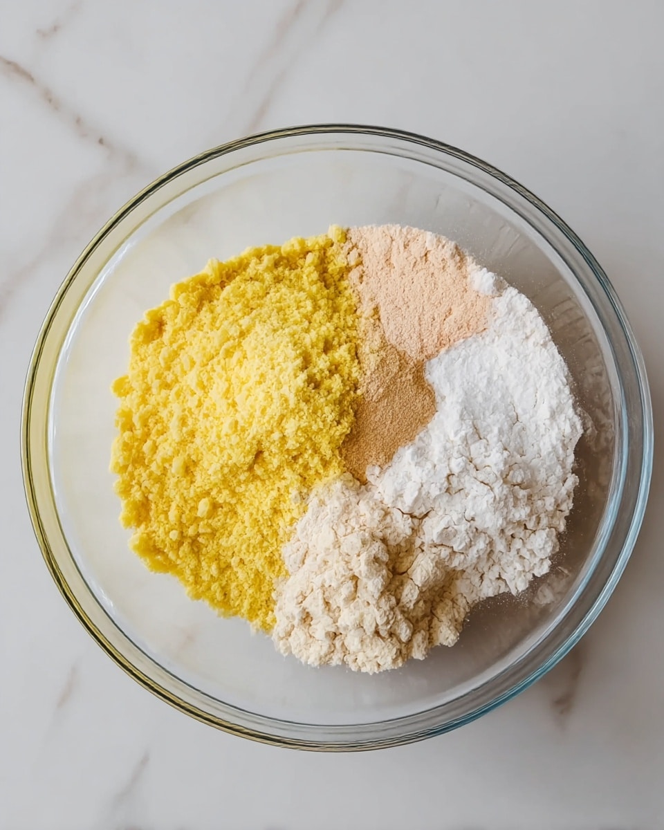A clear glass bowl sits on a white marbled surface, filled with five separate layers of dry ingredients that have not been mixed. Starting from the left, there is a bright yellow layer with a fluffy, grainy texture, moving upward to a light yellow crumbly layer. To the right of these is a smooth light brown powder layer, next to a pure white fine powder layer, and finally a pale beige layer with a rough, clumpy texture. The ingredients are arranged side by side like segments of a circle within the bowl. photo taken with an iphone --ar 4:5 --v 7