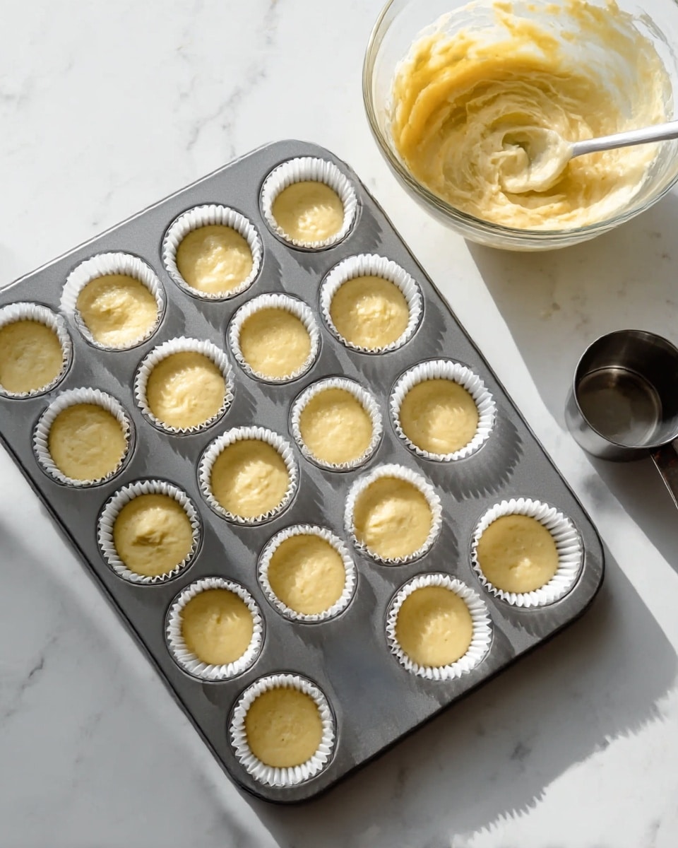 A cupcake baking tray with 12 white paper liners, each filled about halfway with light yellow cake batter. The tray is placed on a white marbled surface. To the upper right, a clear glass bowl holds more of the same batter, with a silver spoon partially dipped inside it. Next to the bowl, there is a silver measuring cup also containing some batter. The light shines softly, creating gentle shadows and highlighting the smooth texture of the batter. photo taken with an iphone --ar 4:5 --v 7