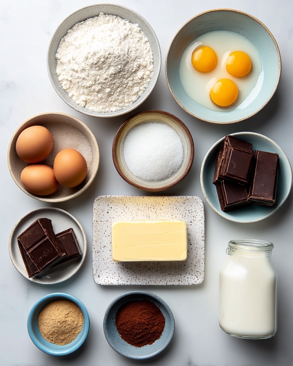 The image shows nine small white plates and bowls arranged neatly on a white marbled surface, each holding different baking ingredients. Starting from the top left, there is a bowl full of white flour, next to it a small bowl with white granulated sugar, and to the right a bowl containing two raw egg yolks sitting in clear egg white. Below the flour is a brown round bowl with two whole eggs, one light brown and one darker brown. In the center, a square white plate holds a thick rectangular block of pale yellow butter. To the right, a speckled white plate displays a dark chocolate bar broken into large pieces. Near the bottom left, another small white plate holds another rectangular block of butter. A small blue bowl holds a light brown powder, likely cinnamon or another spice. Next to it, a blue-gray bowl contains a half-and-half mixture of white sugar and reddish-brown cocoa powder. Finally, a clear glass jar on the bottom right is filled with milk. All the items are clearly separated and well-lit, showing a clean and organized kitchen setup. Photo taken with an iphone --ar 4:5 --v 7