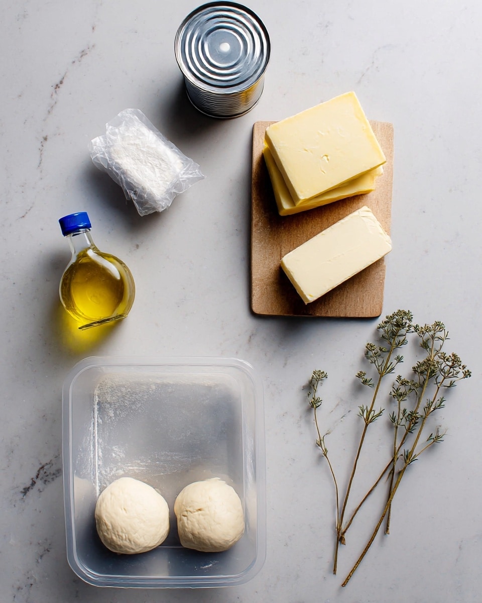 The image shows baking ingredients placed on a white marbled surface. There are two small dough balls each inside a clear plastic container at the bottom of the image. Above them, on the right side, a small wooden board holds two blocks of cheese, one white and one yellow, stacked with the white one on top. To the left of the board, there is a small bottle with a blue cap containing yellow oil, and above it is a closed metal can. A small white wrapped block of butter lies between the bottle and the dough containers. On the far right, there are two thin brown dried herb stems with green buds. The photo taken with an iphone --ar 4:5 --v 7