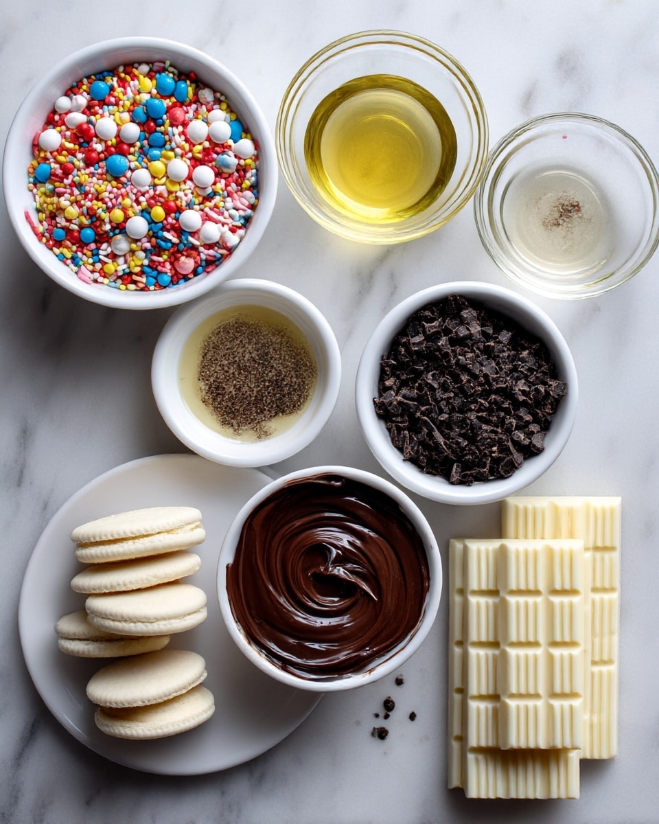 The image shows seven small white bowls and plates arranged on a white marbled surface, each holding different colorful or textured ingredients. On the top left is a bowl filled with round, colorful sprinkles in red, blue, yellow, white, and pink. To its right is a small glass bowl with clear yellow liquid. Next to it is another white bowl filled with dark crunchy pieces, likely cookies or chocolate crumbs. Below these, in the center is a bowl with smooth, dark chocolate that has a shiny swirl pattern. On the bottom left, a white plate holds three white sandwich cookies stacked on each other. Next to this is a small glass bowl with more finely crushed dark pieces. On the bottom right, there are several white chocolate bars stacked and lined up with visible ridges on their surface. Photo taken with an iphone --ar 4:5 --v 7