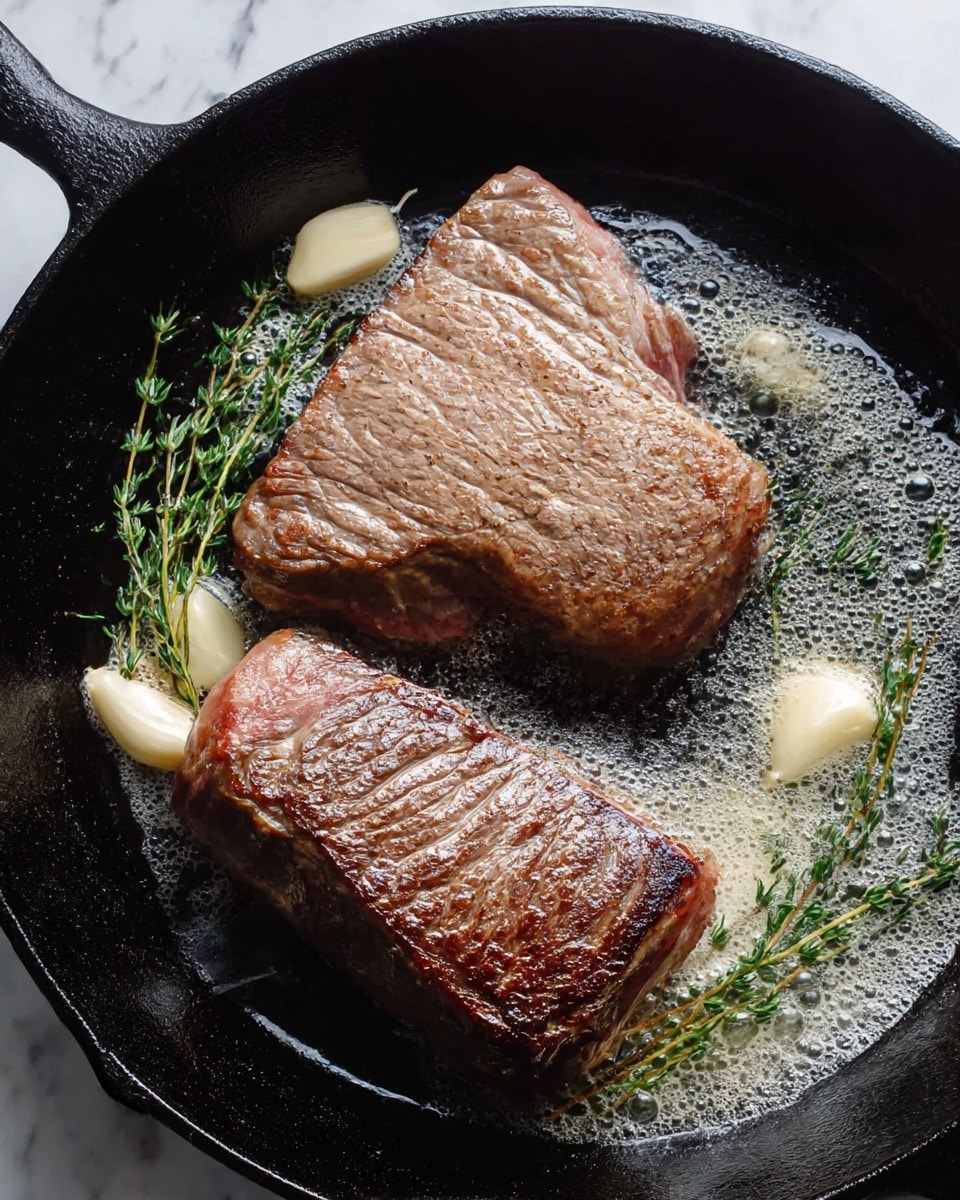 In a black cast iron pan, there are two thick pieces of steak cooking side by side. The top steak has a brown, seared surface with a smooth texture and some juice bubbles around it. The bottom steak has a darker brown sear along the edge, with visible grill marks and a marbled texture. Around the steaks, there are several peeled garlic cloves and green sprigs of thyme resting in a bubbling layer of melted butter. The pan's worn black surface contrasts with the creamy, foamy butter and vibrant herbs. The background is a white marbled surface. Photo taken with an iphone --ar 4:5 --v 7