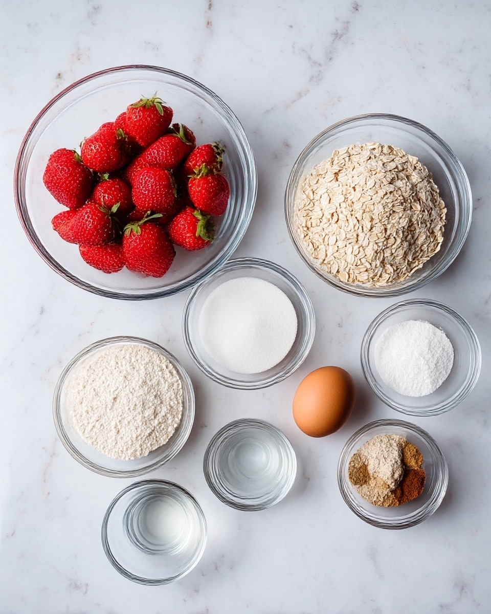 The image shows a set of clear glass bowls and a single brown egg arranged on a white marbled surface. The largest bowl on the left contains fresh, red strawberries with green tops. To its right, three bowls hold dry ingredients: white flour, a slightly brownish flour, and light tan rolled oats. In the center is a smaller bowl filled with white sugar. Below the sugar bowl, a tiny bowl has a clear liquid, and next to it sits a single brown egg. To the right of the egg, there is a very small bowl containing a mix of white salt and brown cinnamon. Finally, at the bottom right, another clear bowl holds water. The setup is clean and organized, with ingredients spread evenly across the surface. photo taken with an iphone --ar 4:5 --v 7
