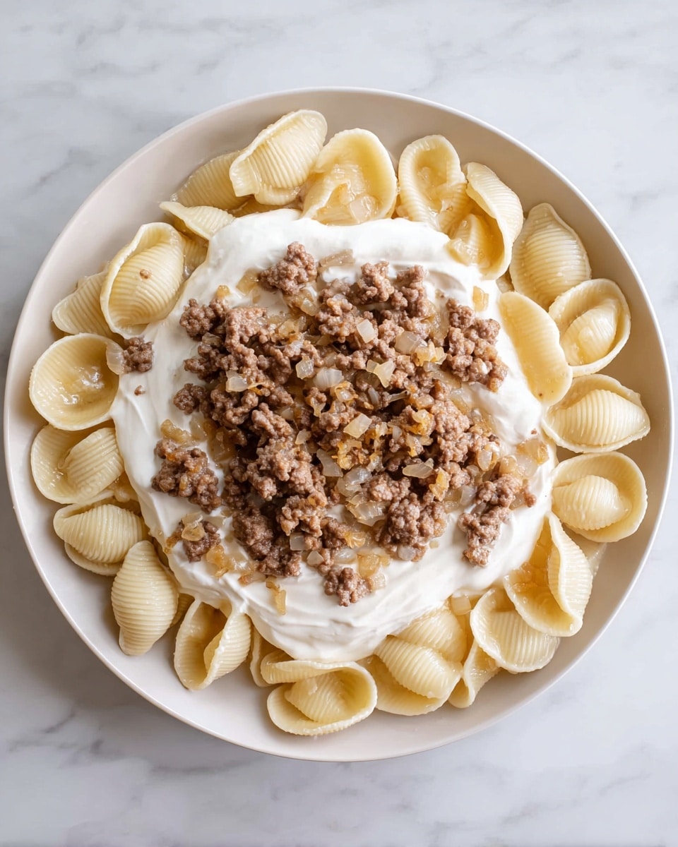 A white round plate shows three distinct layers of food, all visible from above. The bottom layer is made of shell-shaped pasta in a very pale yellow color, arranged in a loose circular pattern filling the plate. On top of the pasta, there is a thick layer of smooth, white creamy sauce spread mostly in the center but still allowing pasta to show around the edges. The final top layer features a chunky mixture of browned ground meat cooked with small bits of light golden onions scattered unevenly across the creamy sauce. The plate sits on a white marbled surface. Photo taken with an iphone --ar 4:5 --v 7