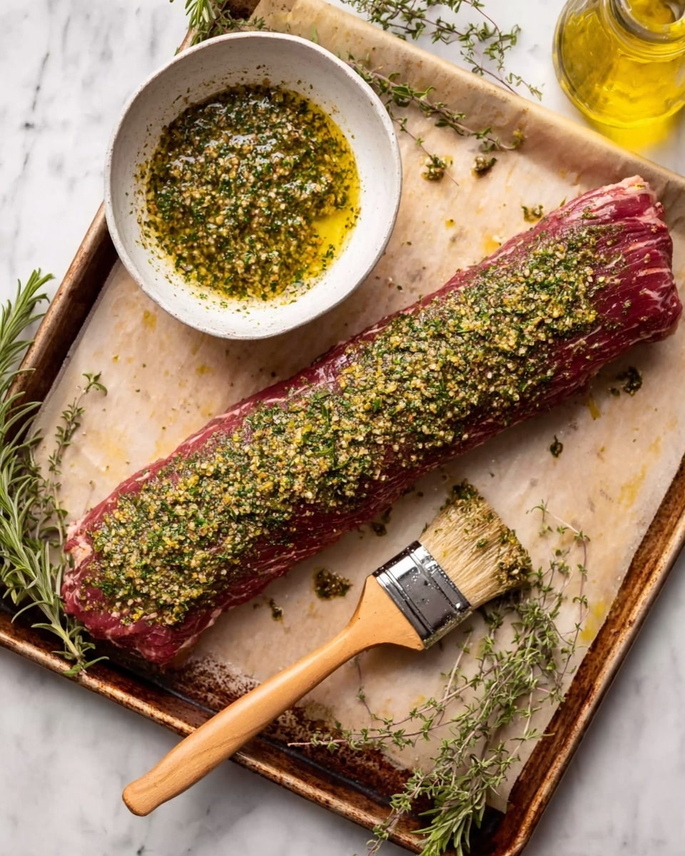 A long raw meat piece covered evenly with a green herb and spice mixture sits on a baking tray lined with parchment paper. Above the meat is a white bowl with the same green oily herb mixture inside, showing a coarse texture. A wooden brush with a brown handle lays next to the meat with some herb mixture on its bristles. The tray rests on a white marbled surface with some fresh rosemary sprigs on the left side and a glass container with yellow oil in the upper right corner. Photo taken with an iphone --ar 4:5 --v 7