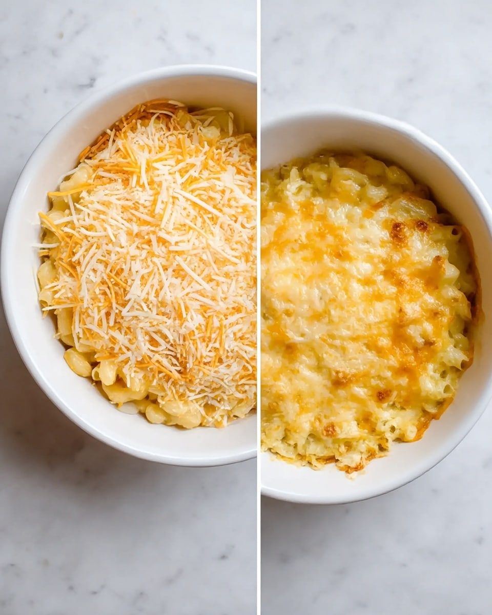 The image shows two white bowls on a white marbled surface, each containing macaroni and cheese dishes. The left bowl holds macaroni pasta covered with a thick layer of shredded cheese, which is light orange and white in color, evenly spread across the top. The right bowl has macaroni pasta beneath a melted cheese layer that is golden and slightly bubbly, with some areas more browned than others, creating a textured, creamy surface. Photo taken with an iphone --ar 4:5 --v 7