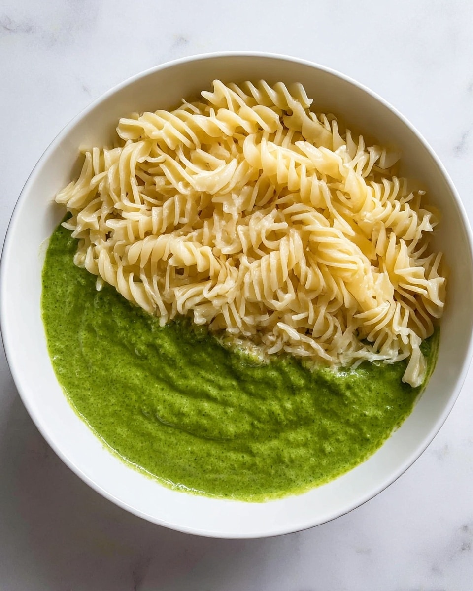 A white bowl is filled with two visible layers; the bottom layer is a smooth, vibrant green sauce spread evenly around the base, while the top layer consists of cooked spiral pasta piled loosely over the sauce. The bowl sits on a white marbled surface. photo taken with an iphone --ar 4:5 --v 7