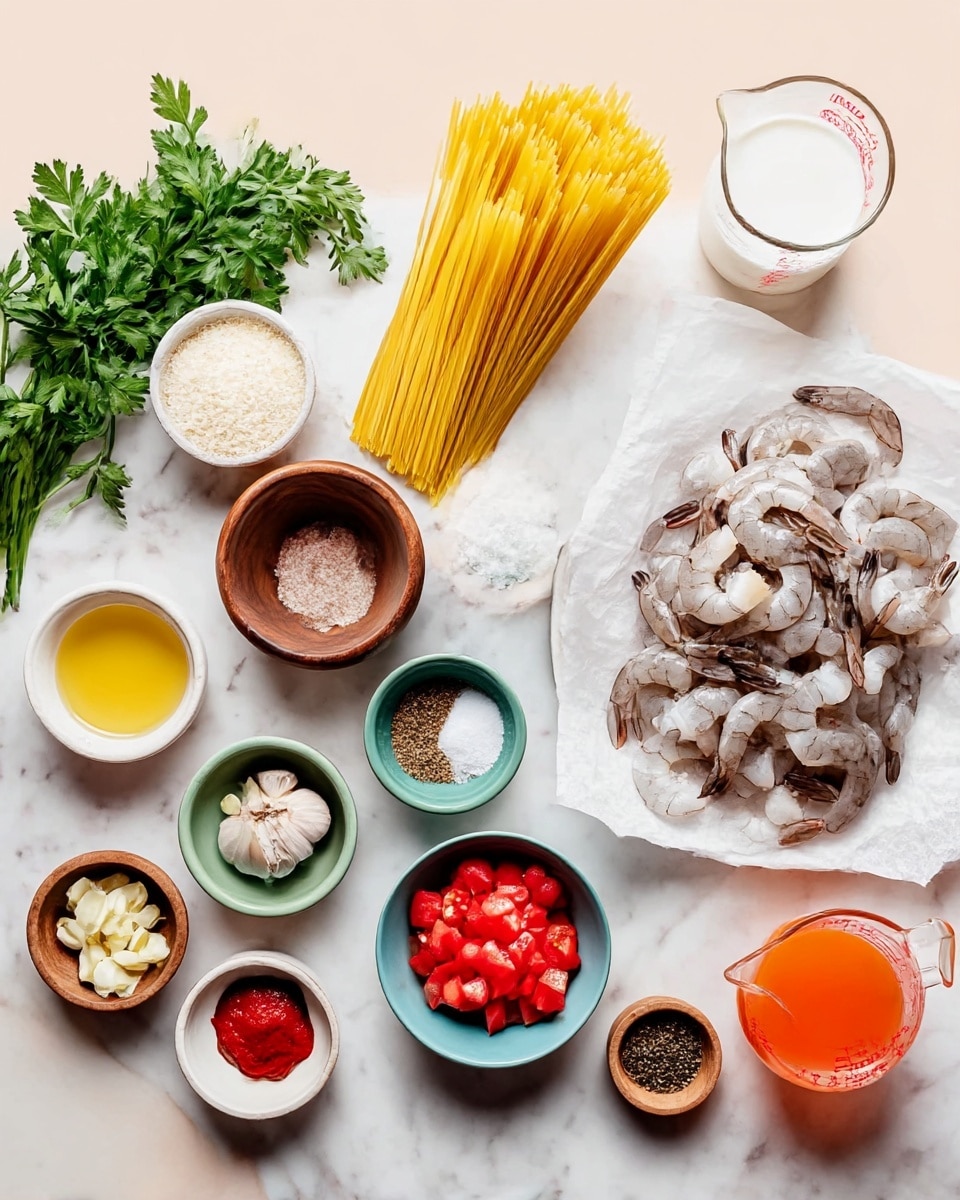 The image shows many ingredients laid out neatly on a white marbled surface arranged in layers: on the left, a bunch of green parsley with a small white bowl of light yellow liquid and a small bowl of red paste in front; next to them is a wooden bowl of grated white cheese and a bundle of yellow uncooked pasta standing upright; in front is a small green bowl with chopped garlic. In the middle top are a marble bowl of white salt, a small bowl with red spice, and a green bowl filled with bright red diced tomatoes. To the right, a white plate with a layer of white paper holds peeled raw shrimp with gray tails. There is a small light blue bowl with white salt and a wooden bowl with black pepper near the shrimp. At the top right, a clear jar with white cream sits next to a glass measuring cup with an orange liquid. photo taken with an iphone --ar 4:5 --v 7