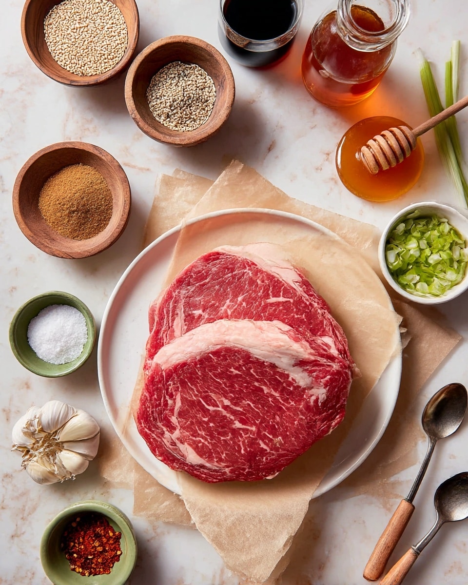 Two pieces of raw red meat with white fat marbling lie stacked on a white round plate on top of light brown paper. Around the plate are small bowls and jars: a wooden bowl of sesame seeds, a small bowl of brown powder, a small bowl of salt, a green bowl with peeled garlic cloves, a small bowl of red pepper flakes, and a bowl filled with sliced green onions. There are also containers with dark and amber liquids, and a jar of honey with a wooden dipper. Two metal spoons with wooden handles rest on the white marbled surface near the plate. photo taken with an iphone --ar 4:5 --v 7