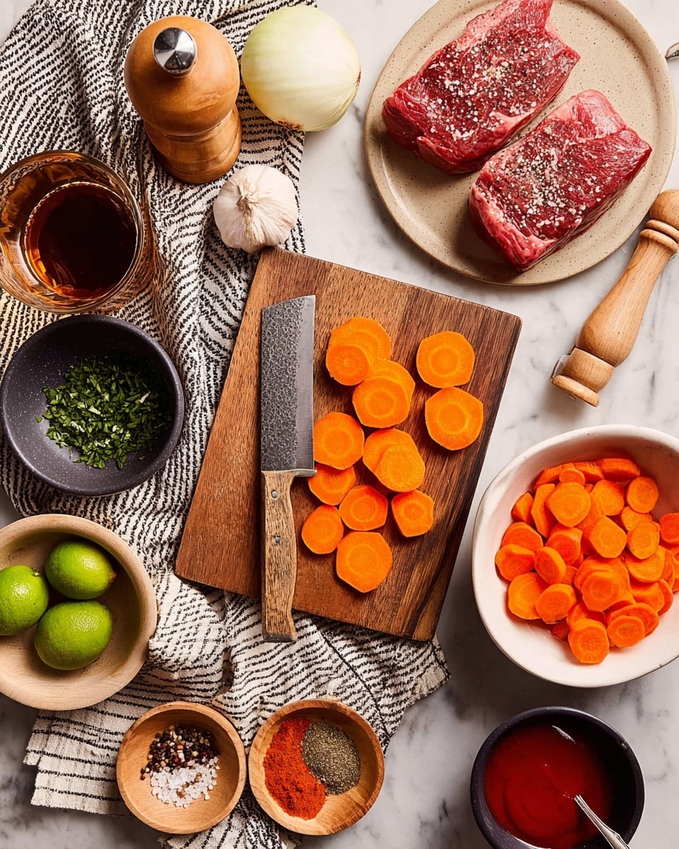 The image shows a wooden cutting board in the middle with bright orange carrot slices spread on and around a knife with a wooden handle placed diagonally. To the right of the board is a white bowl full of more carrot slices. Above the board, there is a beige plate holding two raw red meat pieces sprinkled with coarse salt and black pepper. To the top left side, a glass filled with dark amber liquid sits next to half a white onion, a whole garlic bulb, a wooden pepper grinder, and a small black bowl filled with chopped green herbs. Below this, there is a beige bowl with two whole green limes next to a wooden lime squeezer. On the right side of the board, a small light wooden bowl holds three spices layered in red, white, and brown tones. Next to it is a dark small bowl with a vivid red sauce. All items are placed on a white marbled background with a beige and black striped towel under the cutting board photo taken with an iphone --ar 4:5 --v 7