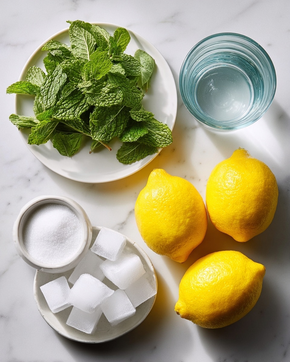 The image shows six ingredients arranged neatly on a white marbled surface: three bright yellow lemons are placed in a triangular shape on the right side, with a clear glass of water above them. On the left, a white plate holds fresh, green mint leaves with detailed textures, and above it is a white plate filled with square-shaped clear ice cubes that catch light softly. Below the lemons, two small white bowls contain white granulated sugar, the bowl on the left has more sugar than the smaller bowl on the right. The overall composition is clean and fresh, with bright natural light highlighting the colors and textures photo taken with an iphone --ar 4:5 --v 7