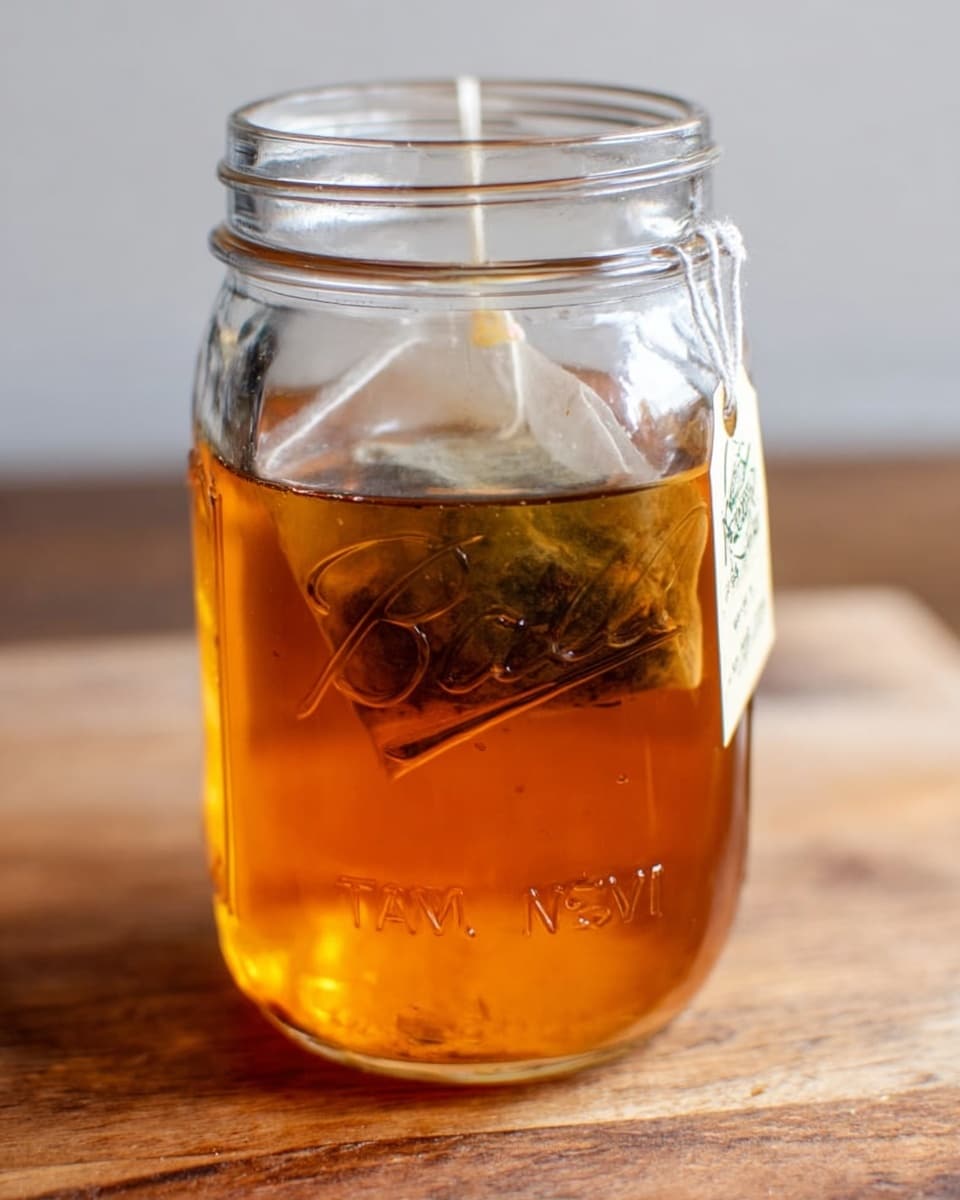 A clear glass jar filled with light amber tea is placed on a wooden surface. Inside the jar, a tea bag is steeping, its paper tag hanging down the side of the jar with a string. The tea bag inside the jar is partially submerged, showing a mix of dark and light tones from the tea leaves. The jar has embossed lettering on the front and a wide mouth rim at the top. The background is simple and out of focus. Photo taken with an iphone --ar 4:5 --v 7