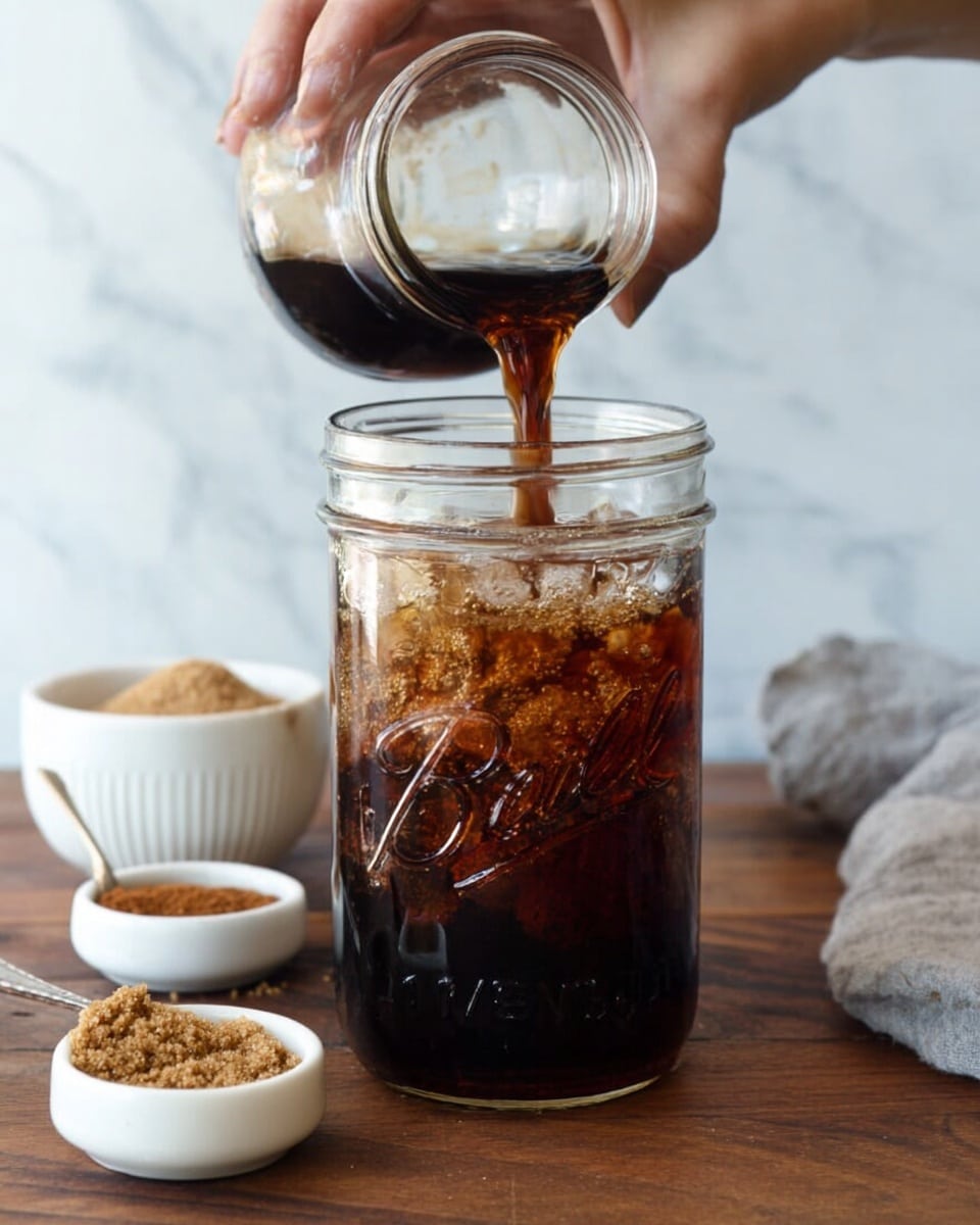A close-up shows a woman's hand pouring a dark brown liquid from a small glass jar into a clear glass jar filled with ice cubes. The liquid creates bubbles on the surface as it fills the jar. The jar is placed on a wooden table, with small white bowls containing brown sugar and a spice powder beside it. The background has a subtle white marbled texture. photo taken with an iphone --ar 4:5 --v 7
