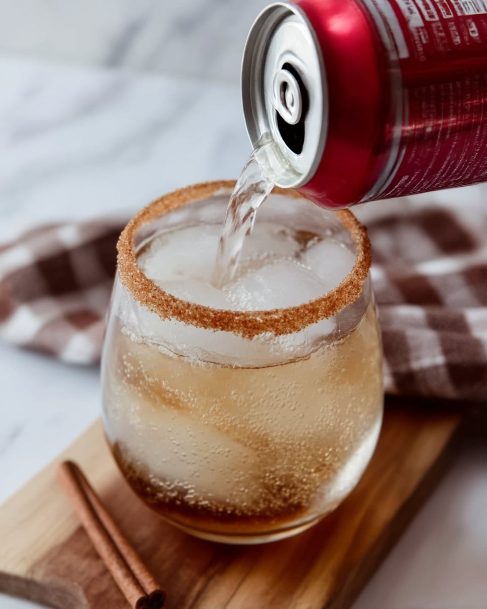 A clear drink is poured from a red can into a round glass filled with ice cubes. The glass has a brown sugar rim that looks coarse in texture. The drink shows layers from the iced bottom to the clear liquid being added on top, creating some bubbles and foam near the surface. The glass is on a wooden surface with a brown cinnamon stick nearby, and a brown and white checkered cloth is seen in the background on a white marbled surface. photo taken with an iphone --ar 4:5 --v 7