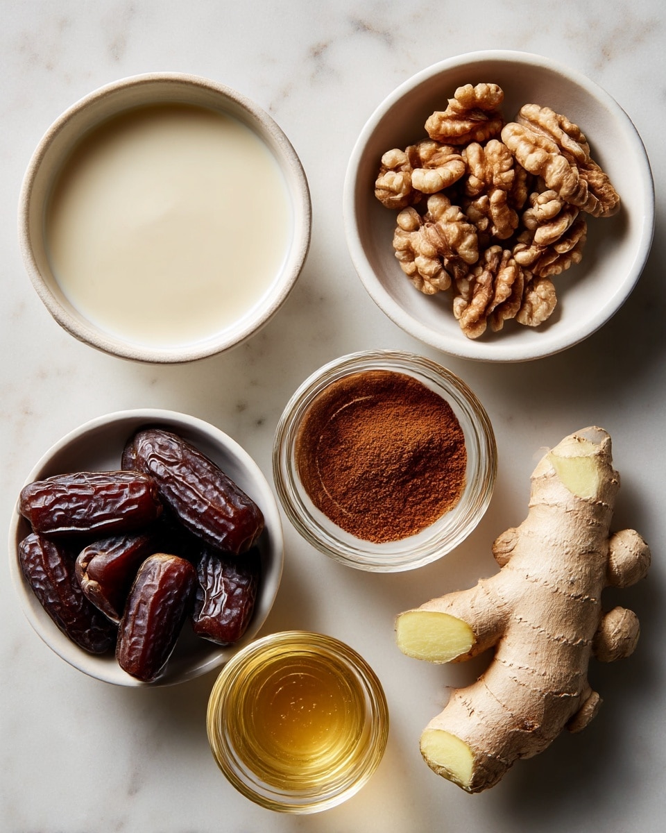 The image shows six small white bowls arranged on a white marbled surface. The top left bowl holds a smooth, creamy white liquid. To the right of it, a bowl contains several brown walnut halves with a rough texture. Below the walnut bowl is a small bowl filled with a reddish-brown powder that looks finely ground. In the bottom right, another bowl contains a large piece of knobby, light brown ginger root with a rough surface, one end freshly sliced showing pale yellow inside. At the bottom left, a bowl is filled with seven glossy, dark brown dates that have a wrinkled texture. In the center, there is a small clear glass bowl with a golden liquid that looks like honey. The image is bright and clean, with a simple, natural feel, photo taken with an iphone --ar 4:5 --v 7