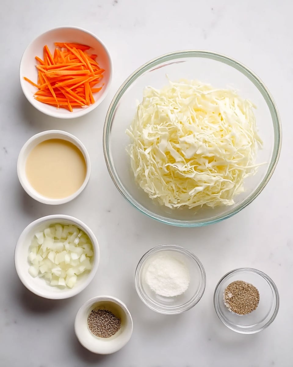 The image shows several small white bowls and one large clear glass bowl arranged neatly on a white marbled surface. The large glass bowl holds a big pile of shredded pale yellow cabbage. Surrounding this are eight smaller bowls: a white bowl with thin orange carrot sticks, a white bowl with small chopped white onions, a white bowl with a light beige creamy sauce, a white bowl with a clear liquid that looks like vinegar, a white bowl with a thick white powder (likely sugar), a white bowl with a fine white powder (likely salt), a small white bowl with a creamy white liquid, and a tiny clear bowl with ground black pepper. The layout is tidy with each ingredient easily seen and separated. photo taken with an iphone --ar 4:5 --v 7