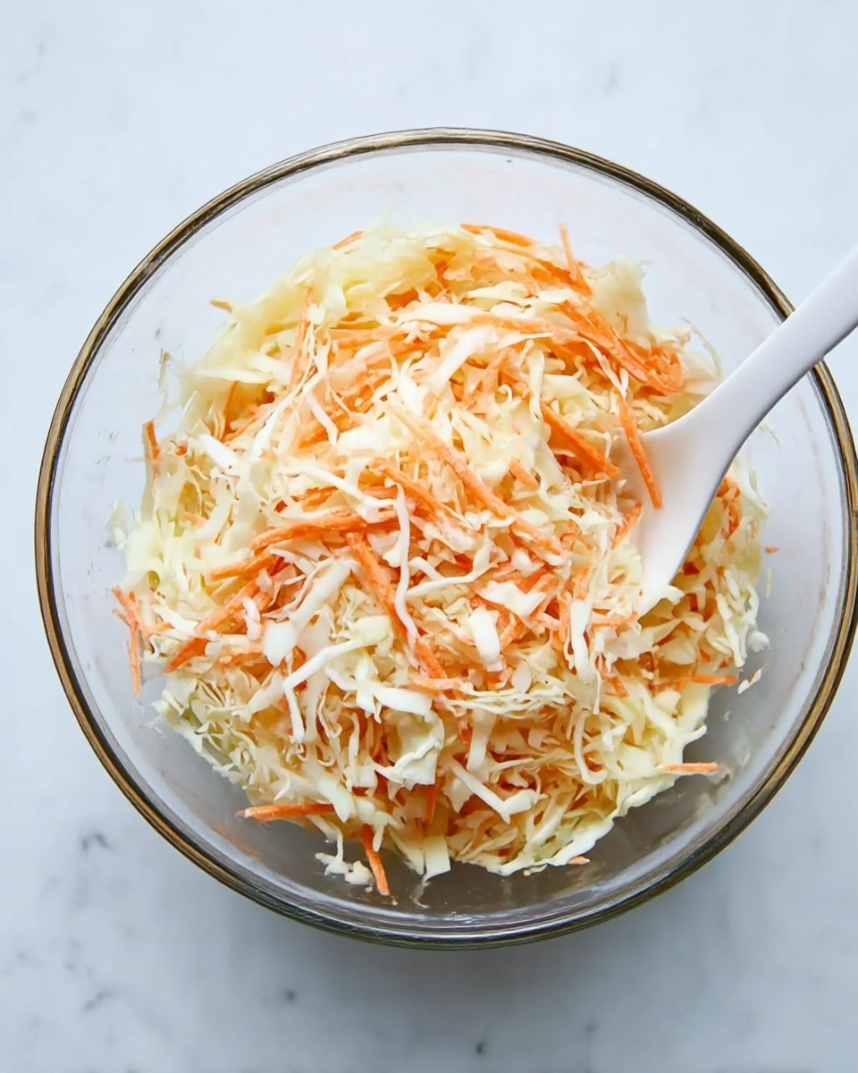 A clear glass bowl filled with a mix of shredded cabbage and thin orange carrot strips, creating a layered texture of white and pale orange colors. The shredded vegetables are evenly spread, giving a light and fresh look. A white spoon rests inside the bowl on the right side, partially submerged in the vegetable mix. The bowl is placed on a white marbled surface that adds a clean and simple background to the image. Photo taken with an iphone --ar 4:5 --v 7