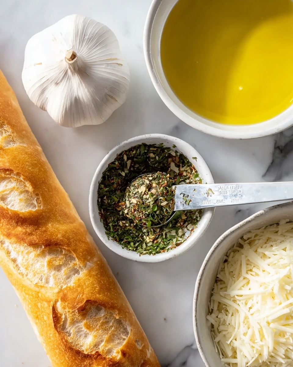 The image shows a close-up of a golden, crusty baguette on the left side over a white marbled surface. Next to it, there is a whole round garlic bulb with a smooth white skin. On the upper right, there is a round glass bowl filled with light yellow olive oil, shining with light reflection. Below the garlic bulb, a white bowl holds a dried green herb mix with a metal measuring spoon resting inside, filled with the herbs. Part of a white bowl is visible on the bottom right, filled with finely shredded white cheese. The setting is bright and clean with natural lighting, and no hands or other objects are visible. Photo taken with an iphone --ar 4:5 --v 7