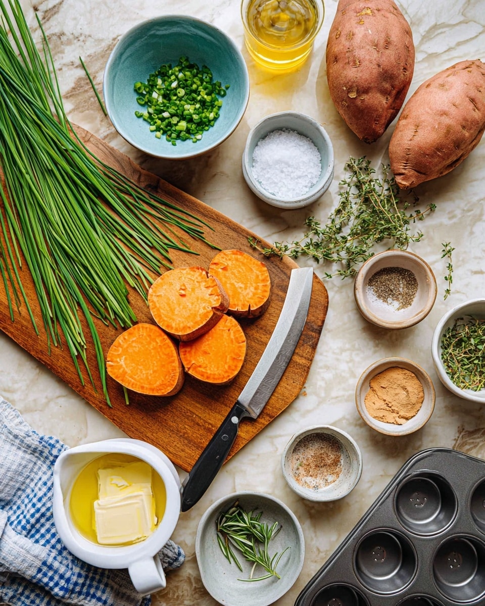 The image shows a wooden cutting board with a bunch of bright green chives placed in the middle, and some chopped chives scattered near a black knife with a white handle lying flat. On the cutting board, there are three thin slices of orange sweet potato placed neatly at the bottom left. Around the cutting board, there are various small bowls and dishes on a white marbled surface: a light blue bowl with chopped green herbs, a small gray bowl with coarse white salt, a small white bowl with ground black pepper, a small white bowl with fresh rosemary, and a small beige bowl with light brown paste. To the right of the cutting board, two whole sweet potatoes are visible next to a small white pitcher with melted yellow butter, partly wrapped in a blue and white checkered cloth. Near the top, there is a clear bottle with olive oil and scattered sprigs of thyme. A metallic muffin tin with six round cups is placed near the bottom right corner. Photo taken with an iphone --ar 4:5 --v 7