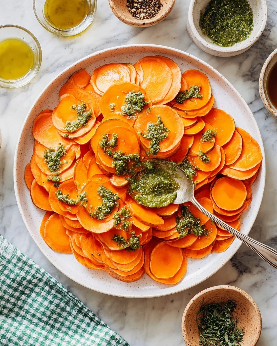 A white round plate filled with thinly sliced orange sweet potatoes arranged in overlapping layers covering the entire plate. On top of the sweet potatoes, there are dollops of a green herb sauce spread unevenly with a silver spoon resting on the plate, holding some of the sauce. Surrounding the plate are small containers holding liquids and herbs, placed on a white marbled surface. A green and white checkered cloth is partially visible on the bottom left side of the image. Photo taken with an iphone --ar 4:5 --v 7