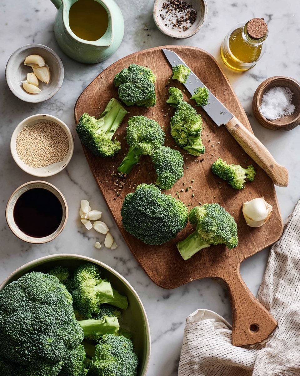 The image shows a wooden cutting board on a white marbled surface with several pieces of fresh green broccoli, some whole and some broken into smaller florets, placed around a knife with a light wooden handle in the center. Surrounding the cutting board are small white and light green bowls and containers holding ingredients like peeled garlic cloves, sesame seeds, black pepper, white powder, and different liquids in glass and ceramic jars, giving a sense of preparation for cooking. In the lower part of the image, a white bowl filled with more broccoli pieces is partially visible, along with a white and beige striped cloth on the right side. Photo taken with an iphone --ar 4:5 --v 7