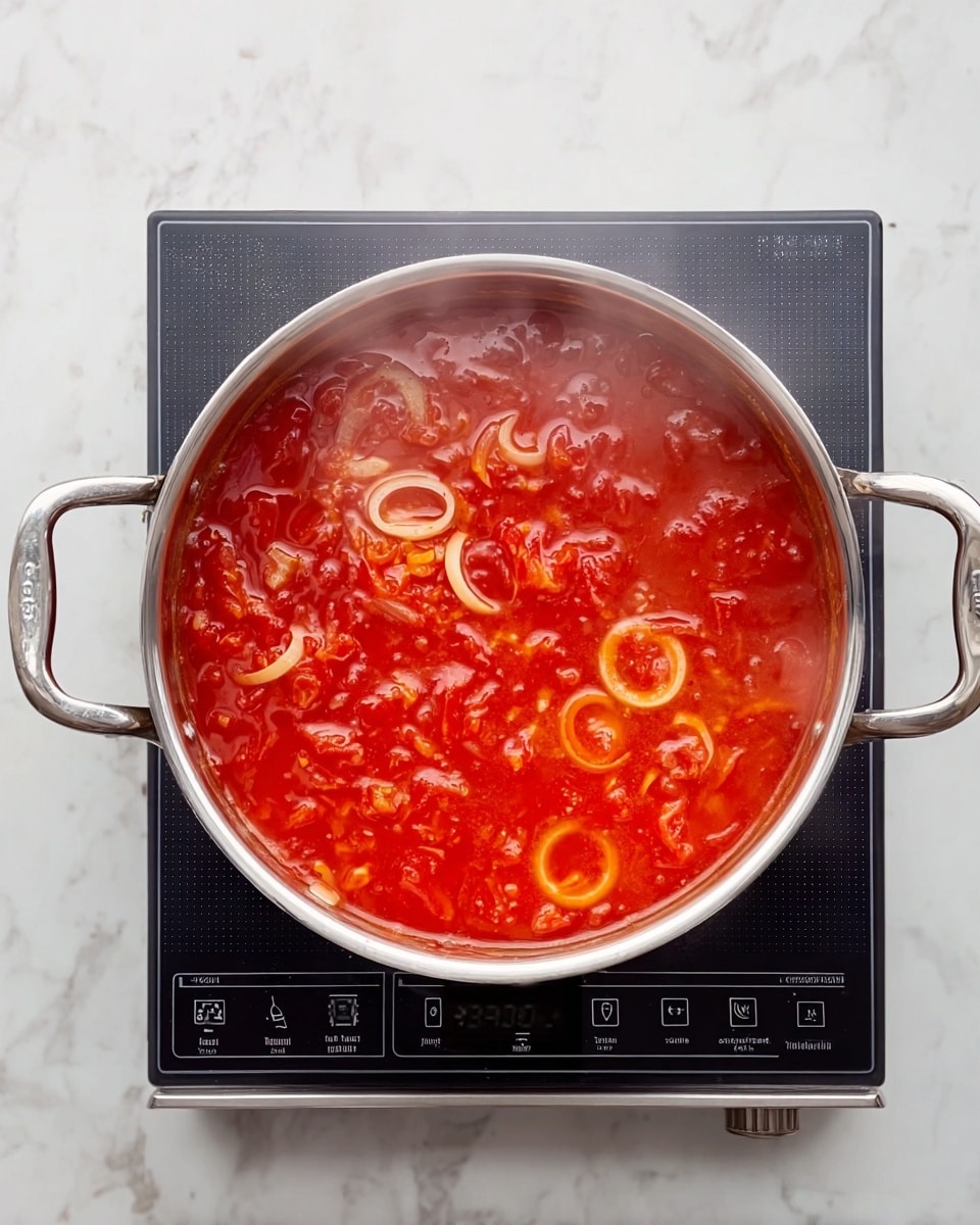A silver pot filled with a simmering red tomato sauce that contains visible soft onion rings floating on the surface, sitting on a black induction cooktop with digital buttons and controls. The cooktop is placed on a white marbled surface, and light steam rises gently from the hot sauce, showing movement and heat. The sauce looks thick with chunks of tomatoes throughout. photo taken with an iphone --ar 4:5 --v 7