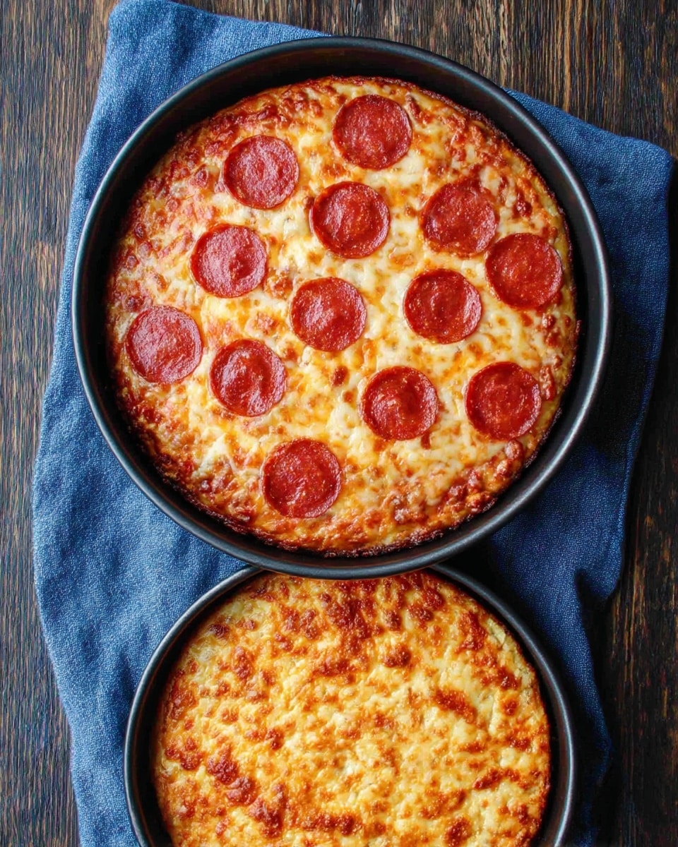 Two round pizzas are shown, each in a black round pan, placed on a blue cloth over a dark wooden surface. The top pizza has a layer of melted golden cheese with evenly spread round slices of pepperoni on top. The bottom pizza shows a single layer of cheese with a slightly browned texture and some crispy spots on the surface. Both pizzas have a thin crust that blends softly into the pan edge. photo taken with an iphone --ar 4:5 --v 7