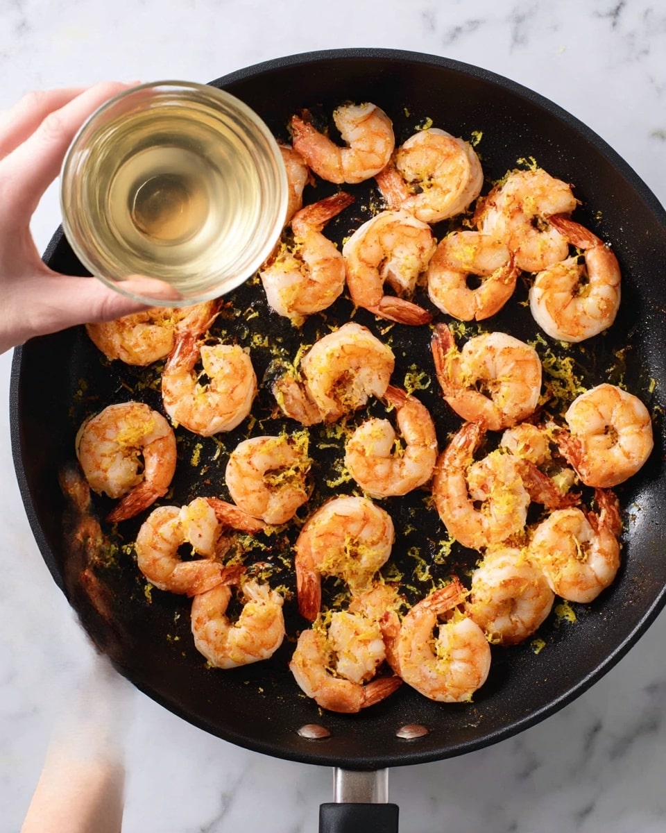 A black frying pan filled with cooked shrimp that are orange and slightly golden in color, each shrimp curled and scattered evenly across the pan's surface. Yellow lemon zest and small bits of seasoning are sprinkled all over the shrimp, adding texture and color contrast. At the bottom left, a woman's hand is holding a small clear glass bowl with a light-colored liquid, poised above the pan ready to pour. The pan sits on a surface with a white marbled texture photo taken with an iphone --ar 4:5 --v 7