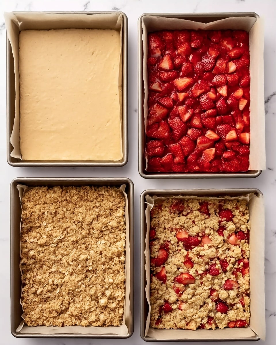 The image shows four square baking trays lined with parchment paper, each displaying a different layer of a strawberry crumble dessert. The first tray at the top left has a smooth, pale beige dough layer evenly spread across the bottom. The second tray on the top right is filled with vibrant red chopped strawberries covering the same dough layer. The third tray on the bottom left shows a thick, crumbly, light brown oat topping spread over the strawberries, giving a rough textured appearance. The final tray on the bottom right displays the baked crumble with the oat topping slightly browned and mixed with softened strawberries peeking through. The trays are placed on a white marbled surface. photo taken with an iphone --ar 4:5 --v 7