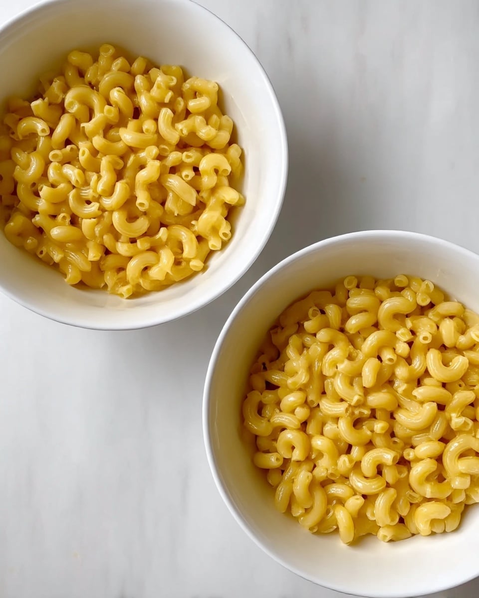 A top view of two white bowls filled with cooked elbow macaroni pasta. Both bowls have a layer of shiny yellow pasta with a soft texture. The pasta pieces are similar in size and shape, densely packed to cover the bottom of each bowl. The setting is on a white marbled surface, creating a clean and bright look. photo taken with an iphone --ar 4:5 --v 7