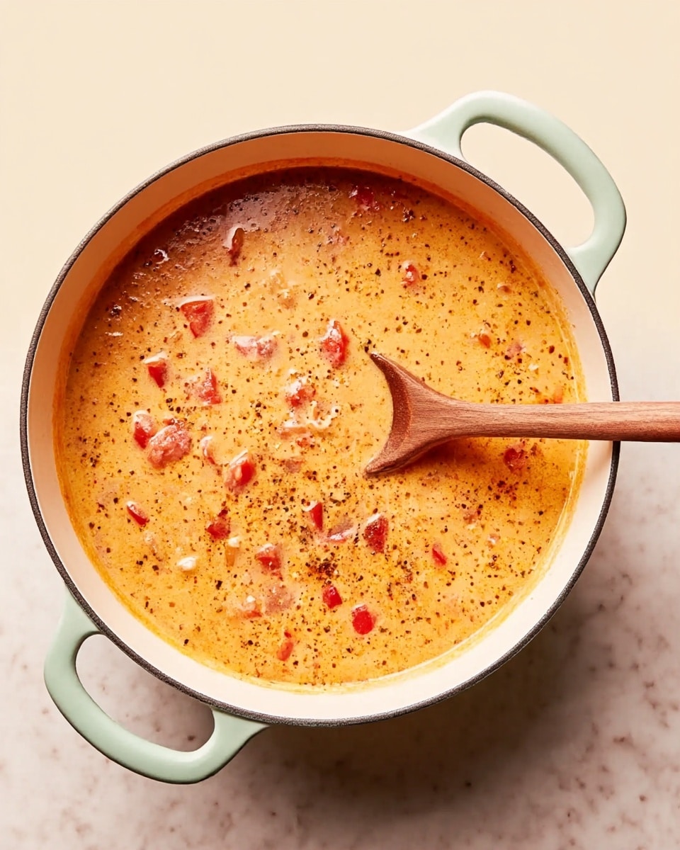A large white pot with two handles holds a creamy orange soup with visible pieces of diced red tomatoes floating throughout. A wooden spoon rests submerged on the right side of the pot, blending into the smooth, slightly textured surface of the soup. The pot sits on a white marbled surface, and the overall scene has warm, soft lighting that highlights the speckled spices in the soup. photo taken with an iphone --ar 4:5 --v 7