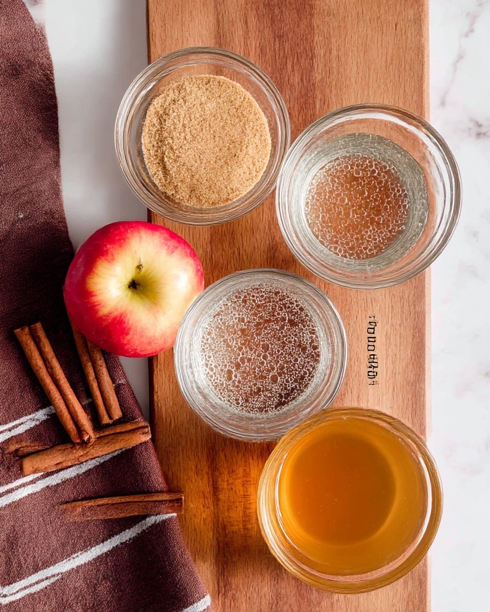The image shows a wooden board with three clear glass bowls placed on it, each filled with a different ingredient. The top bowl contains light brown cinnamon sugar with a fine texture, the middle bowl has clear cranberry seltzer with many small bubbles, and the bottom bowl is filled with a golden-brown apple cider. To the left of the board, there is a red and yellow apple and three cinnamon sticks placed diagonally. A folded brown cloth with white stripes is visible on the left edge. The background is a white marbled surface photo taken with an iphone --ar 4:5 --v 7